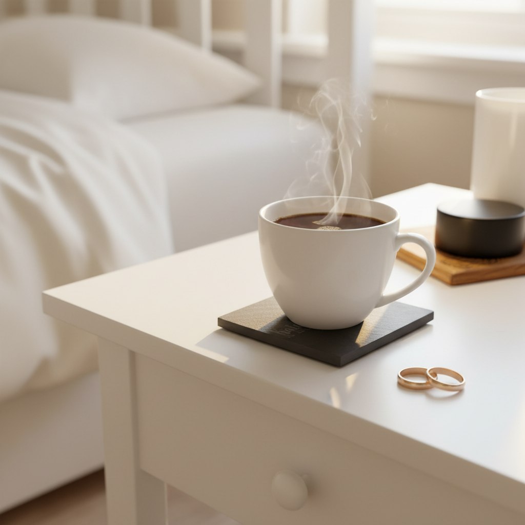 Steaming coffee cup on slate coaster beside wedding rings on bedside table