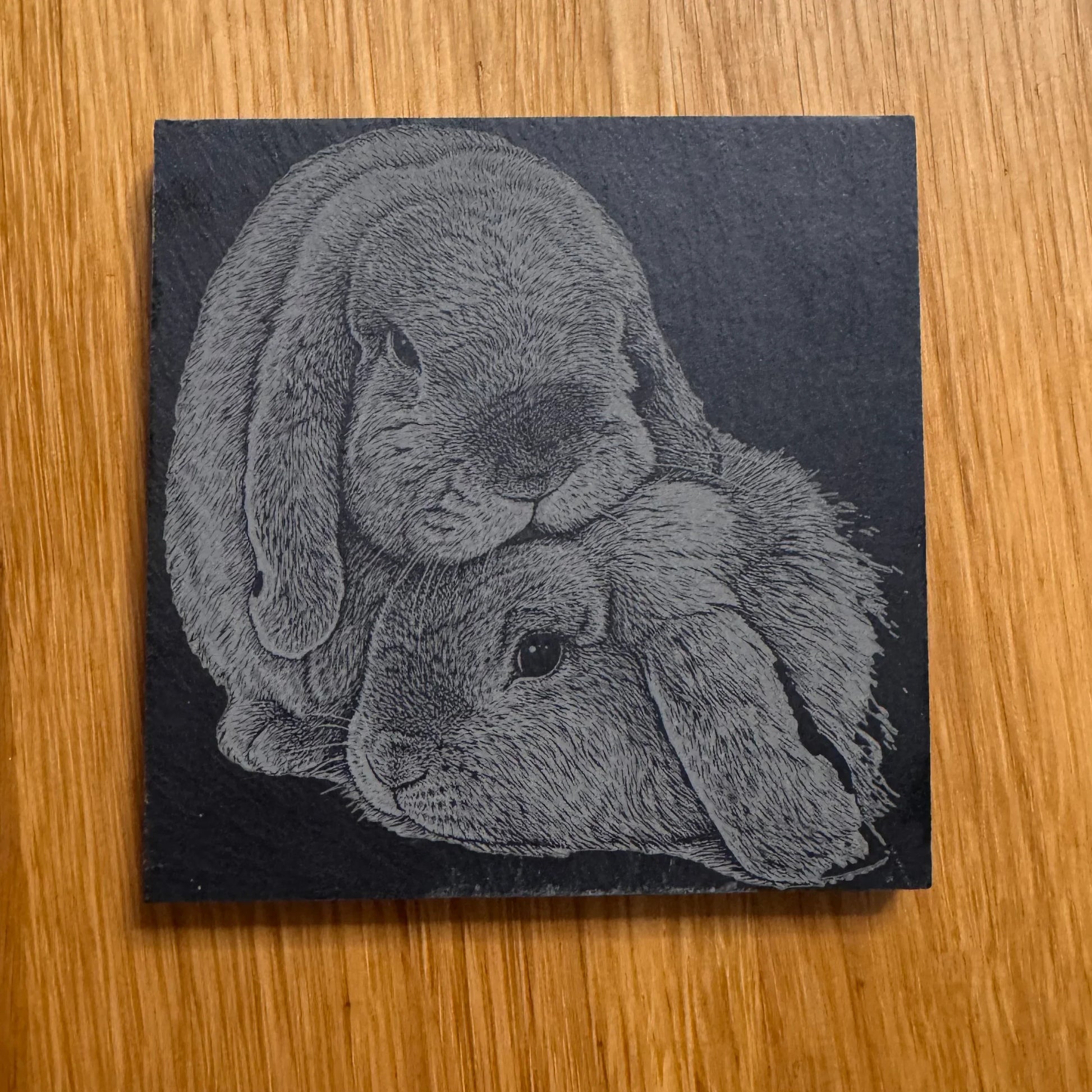 Slate coaster with engraved bunny design, perfect for unique homewares and thoughtful gifts
