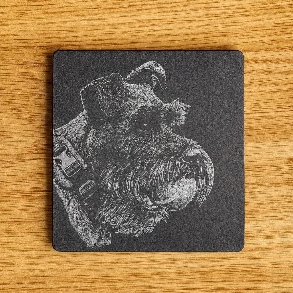Slate coaster with engraved Schnauzer dog portrait, perfect for pet lovers and unique gifts