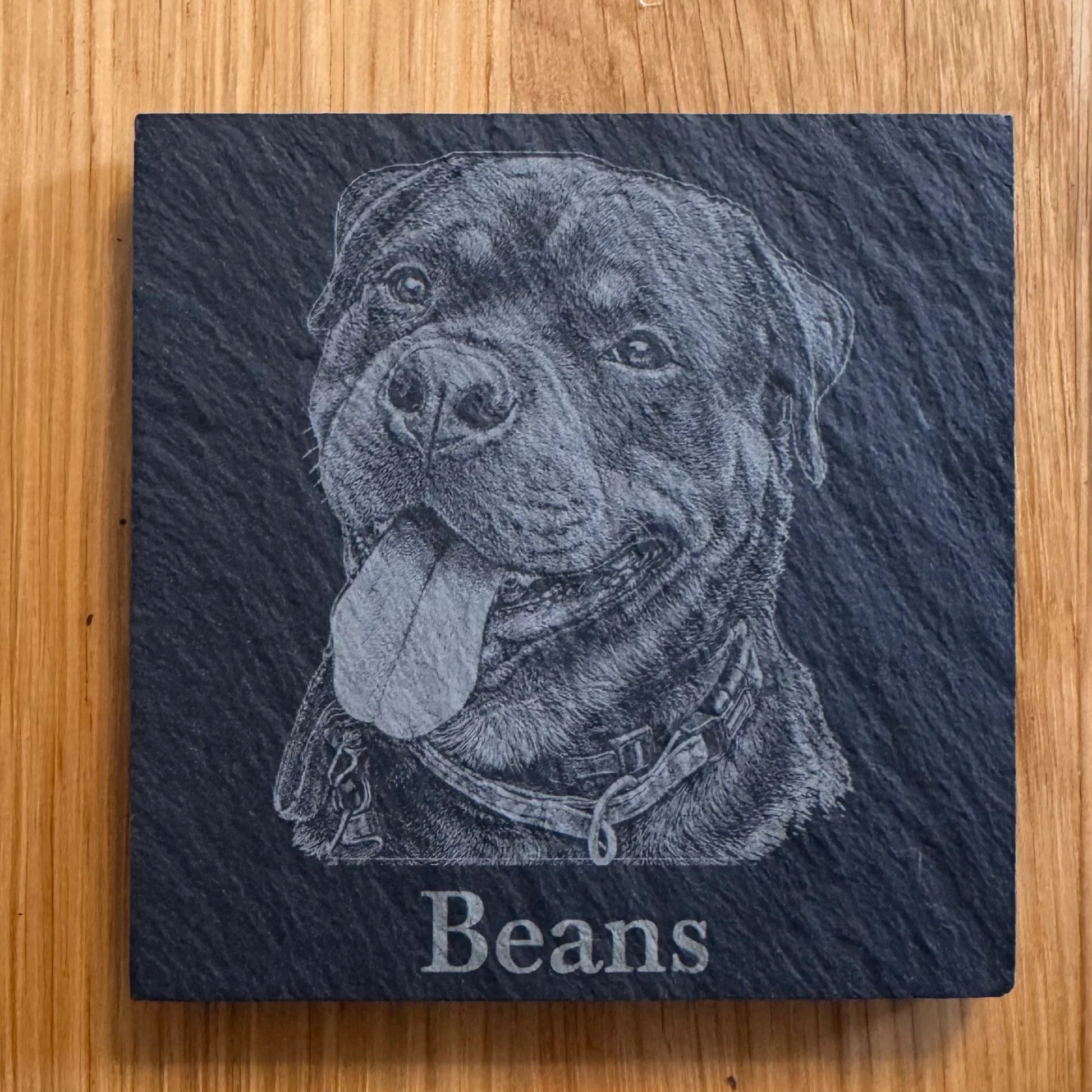 Personalised slate coaster with engraved dog portrait named Beans, perfect for pet lovers