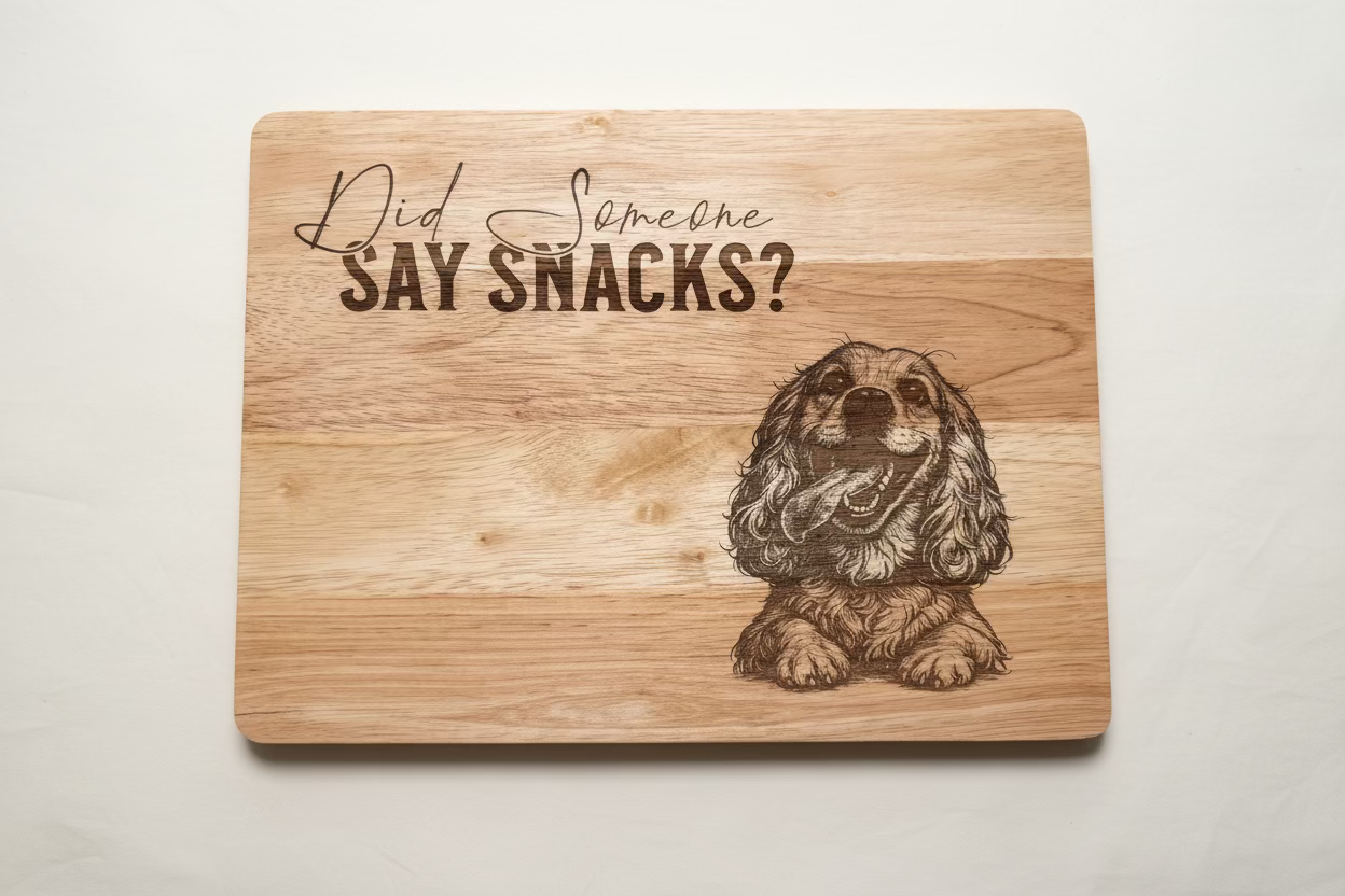 Wooden cutting board with a dog illustration and text 'Did someone say snacks?' on a light background
