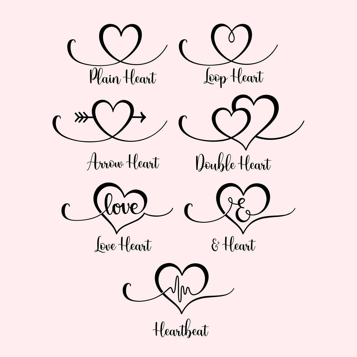 Seven elegant heart designs for personalised gifts, including Arrow Heart and Heartbeat styles.