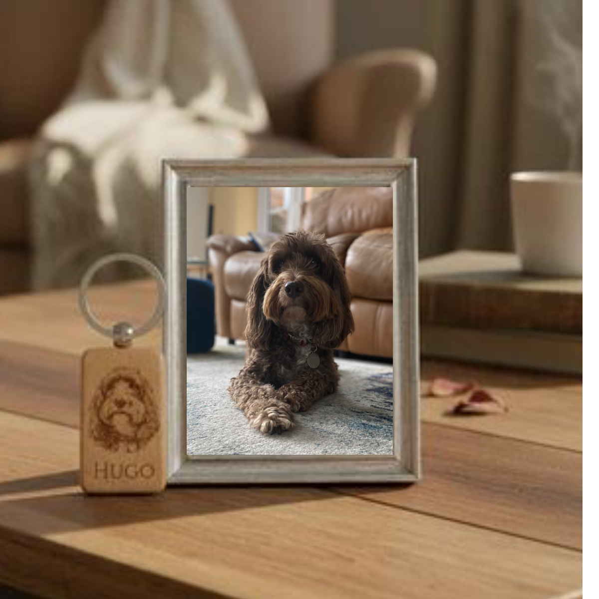 Personalised wooden keyring with dog portrait beside a framed photo, perfect for pet lovers