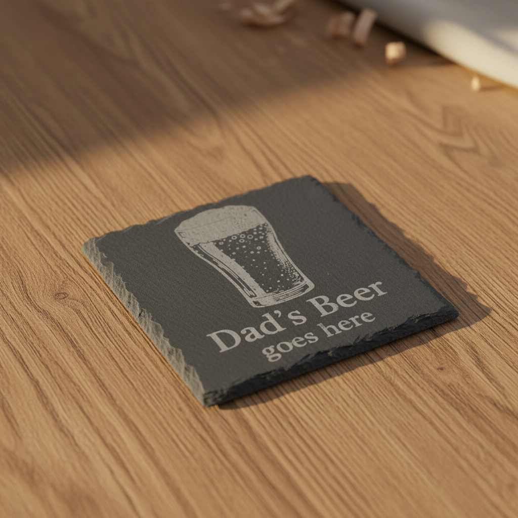 Slate coaster with 'Dad's Beer goes here' engraving and pint glass design, perfect for personalised gifts.