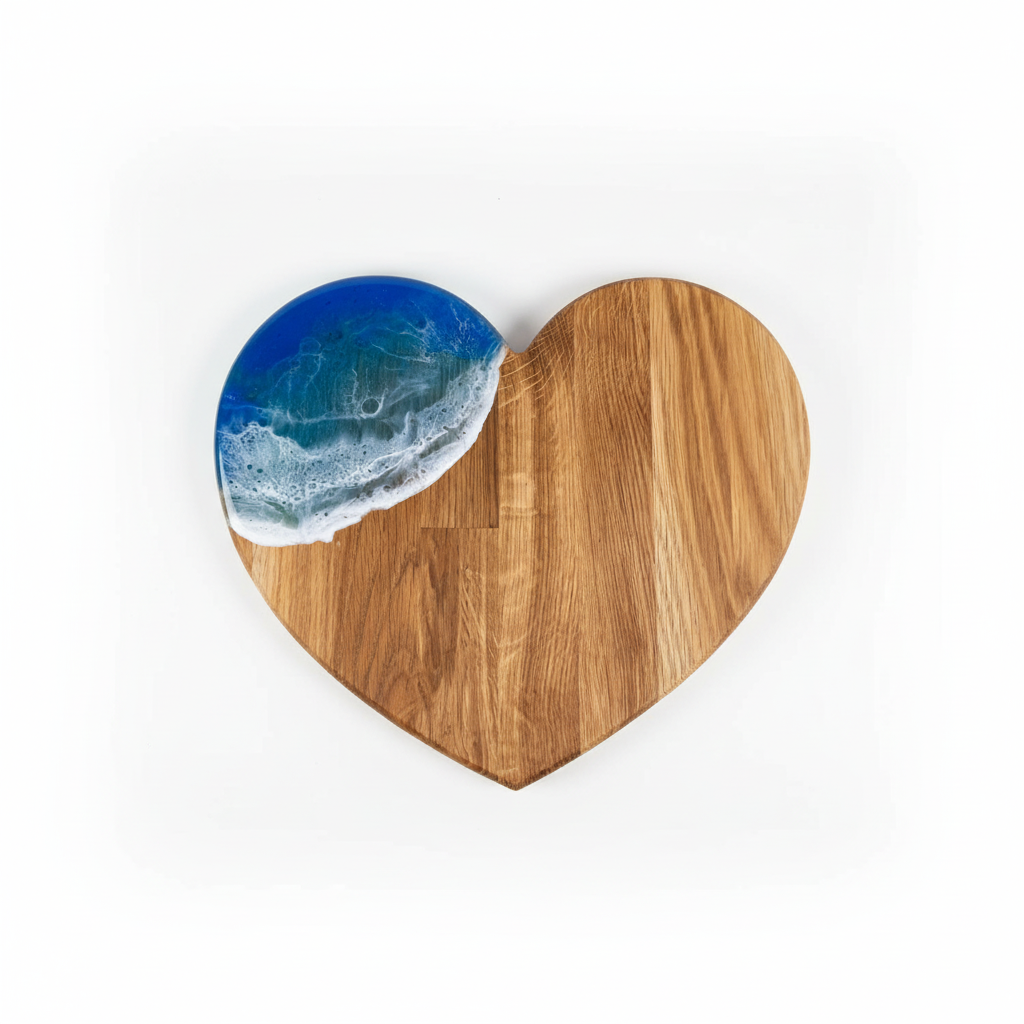 Heart-shaped oak serving board with blue resin ocean wave design, perfect for unique gifts.