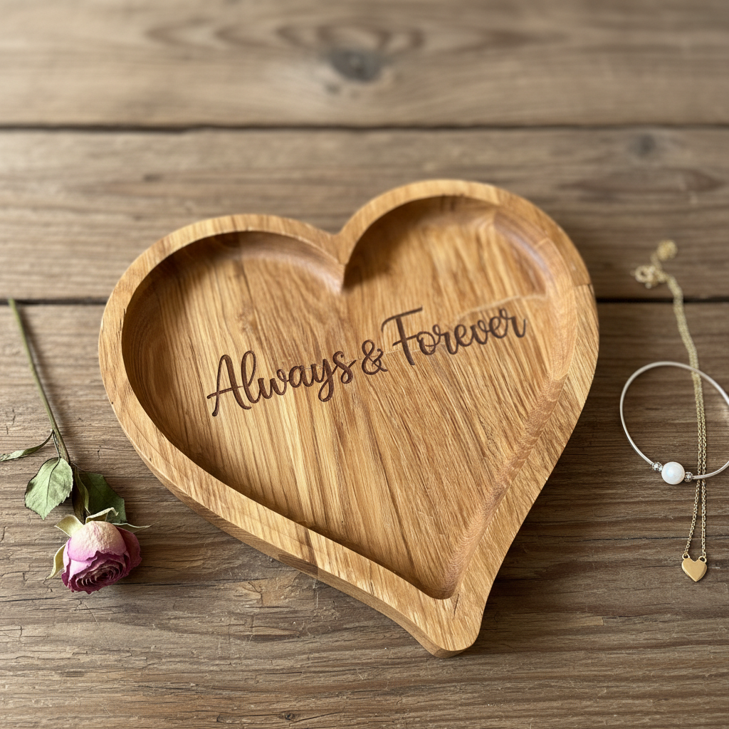 Heart-shaped wooden tray engraved with 'Always & Forever', styled with dried rose and jewelry on rustic wood.