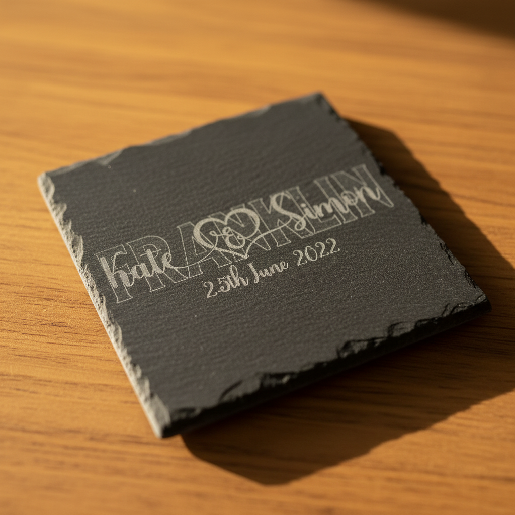 Personalised slate coaster engraved with names and wedding date, perfect for wedding gifts