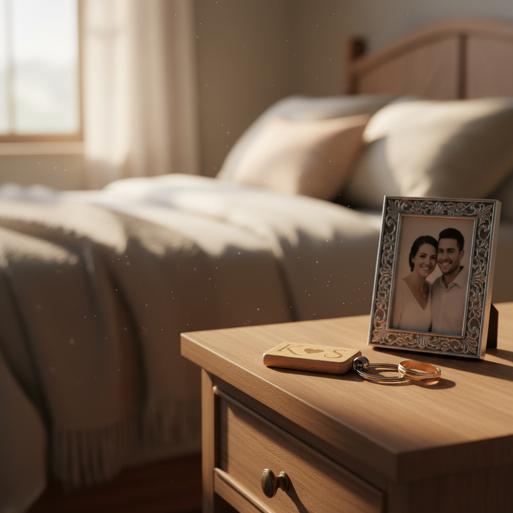 Personalised wooden keyring with initials beside photo frame and wedding rings on bedside table