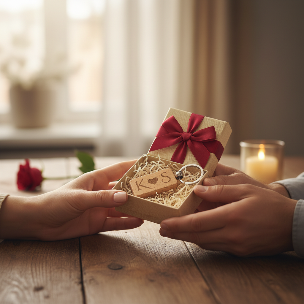 Personalised wooden keyring with initials and heart, nestled in a gift box with red ribbon, perfect for romantic gifts.