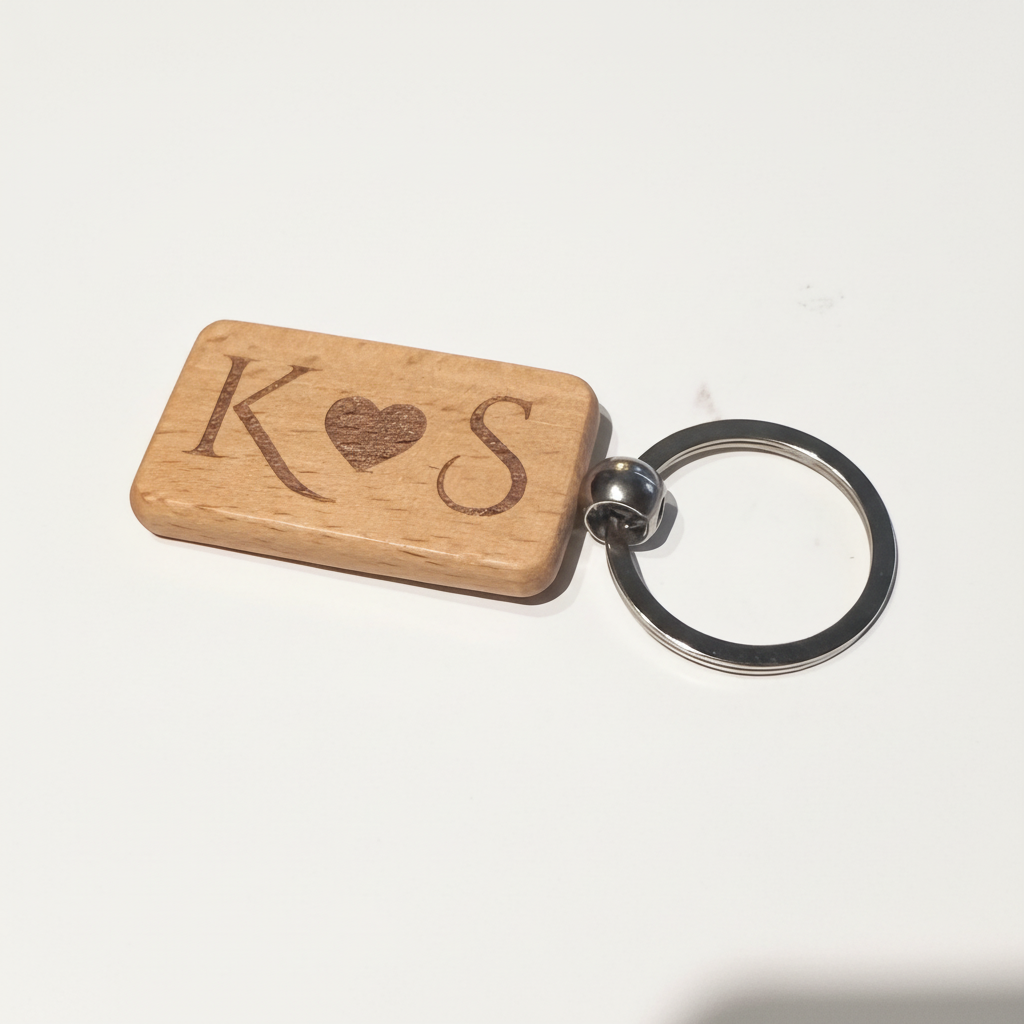 Personalised wooden keyring with engraved initials K & S and heart, perfect for thoughtful gifts