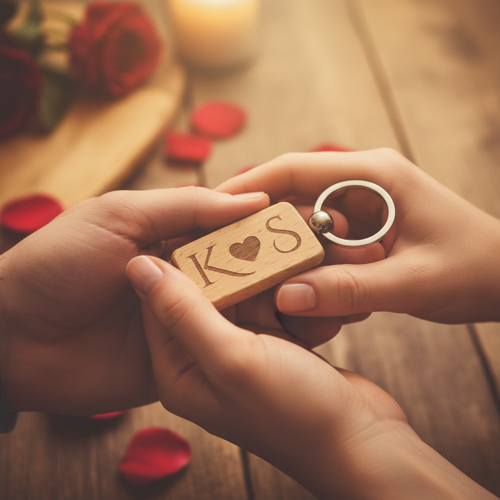 Personalised wooden keyring with initials K & S and heart, held gently over rose petals and candlelight