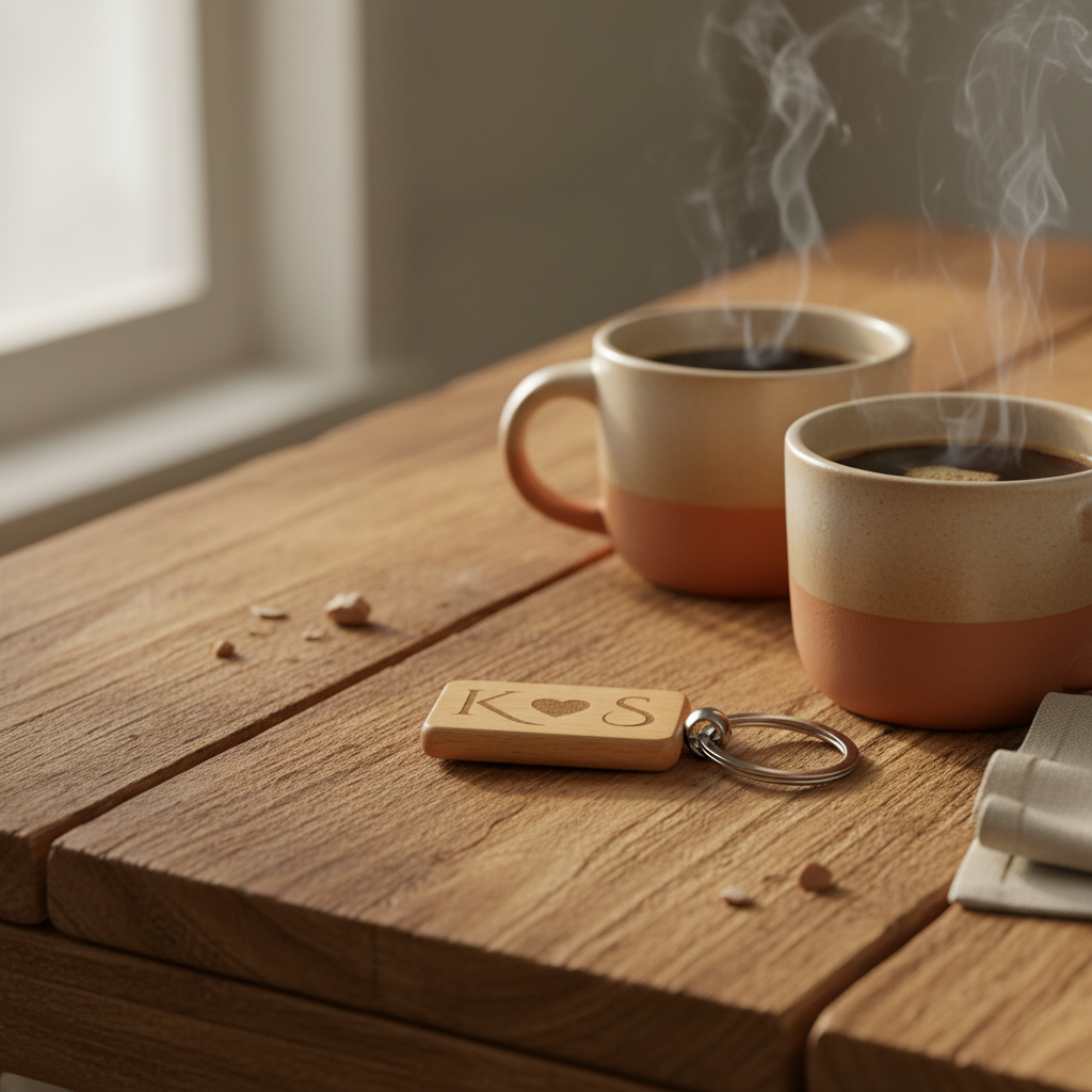 Personalised wooden keyring with initials and heart, beside steaming coffee mugs on rustic table