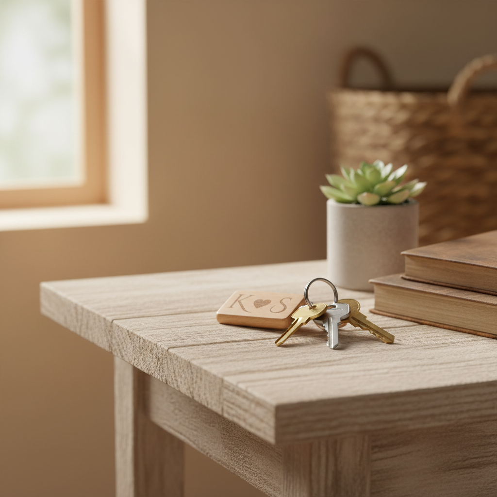 Personalised wooden keyring with initials and heart, resting on a rustic table with keys and books