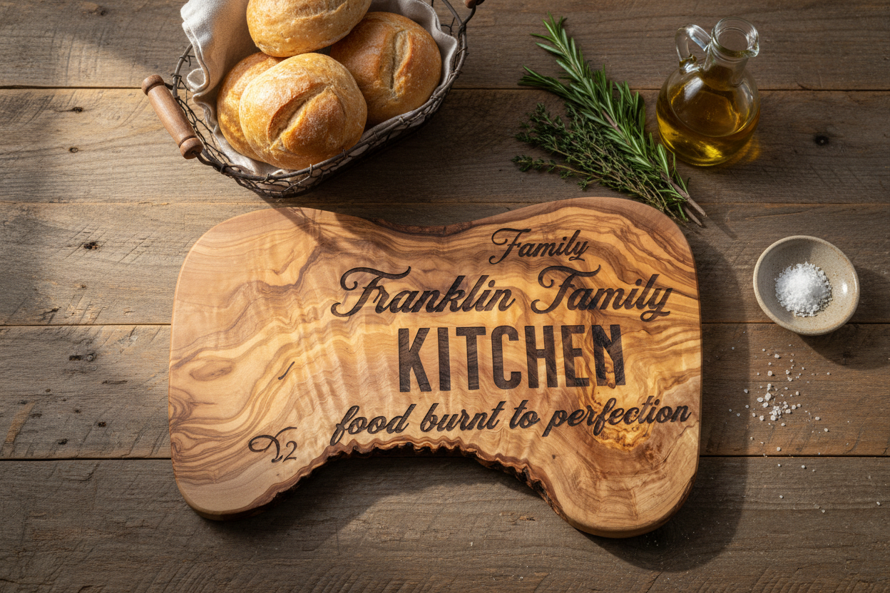 Custom text olive wood board with rustic styling