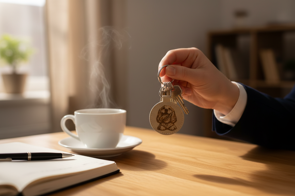 Hand holding keyring with coffee and notebook
