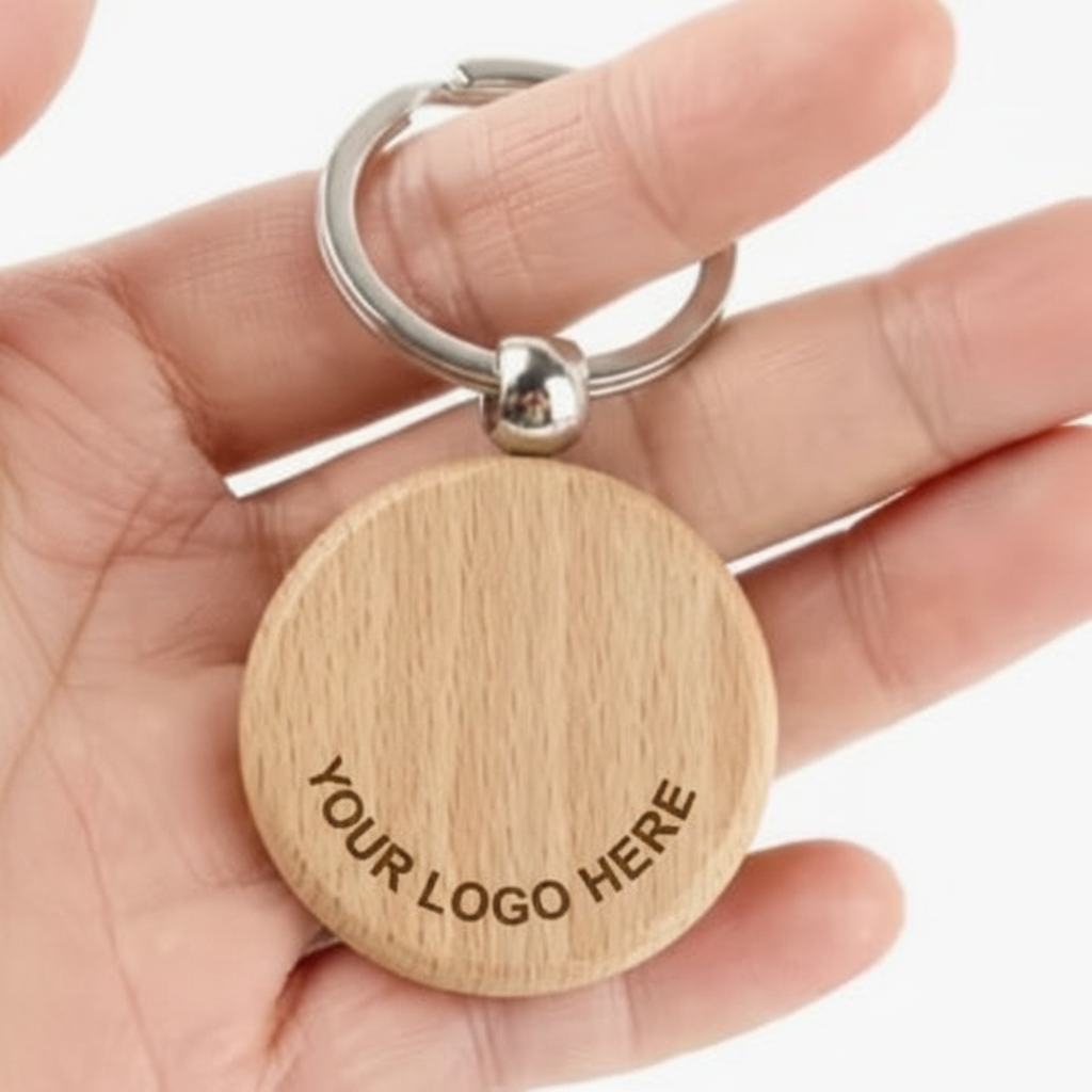 Wooden keyring with your logo here placeholder