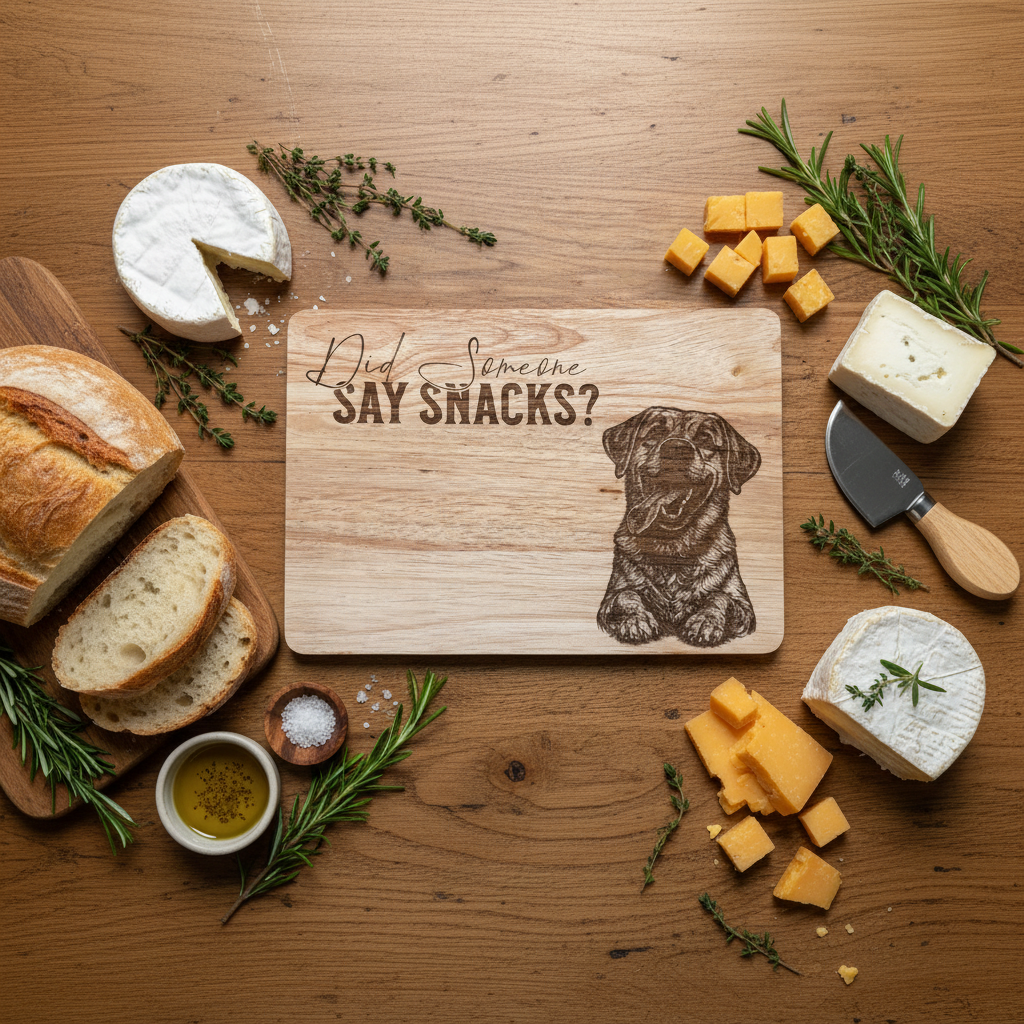 Wooden cutting board with a dog illustration and text 'Did Someone Say Snacks?' surrounded by cheese, bread, and herbs on a wooden surface.