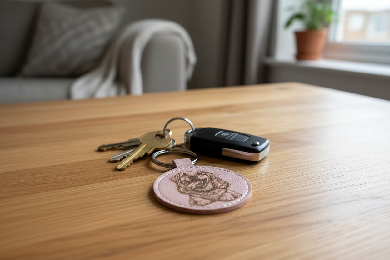 Keyring with house keys on wooden table