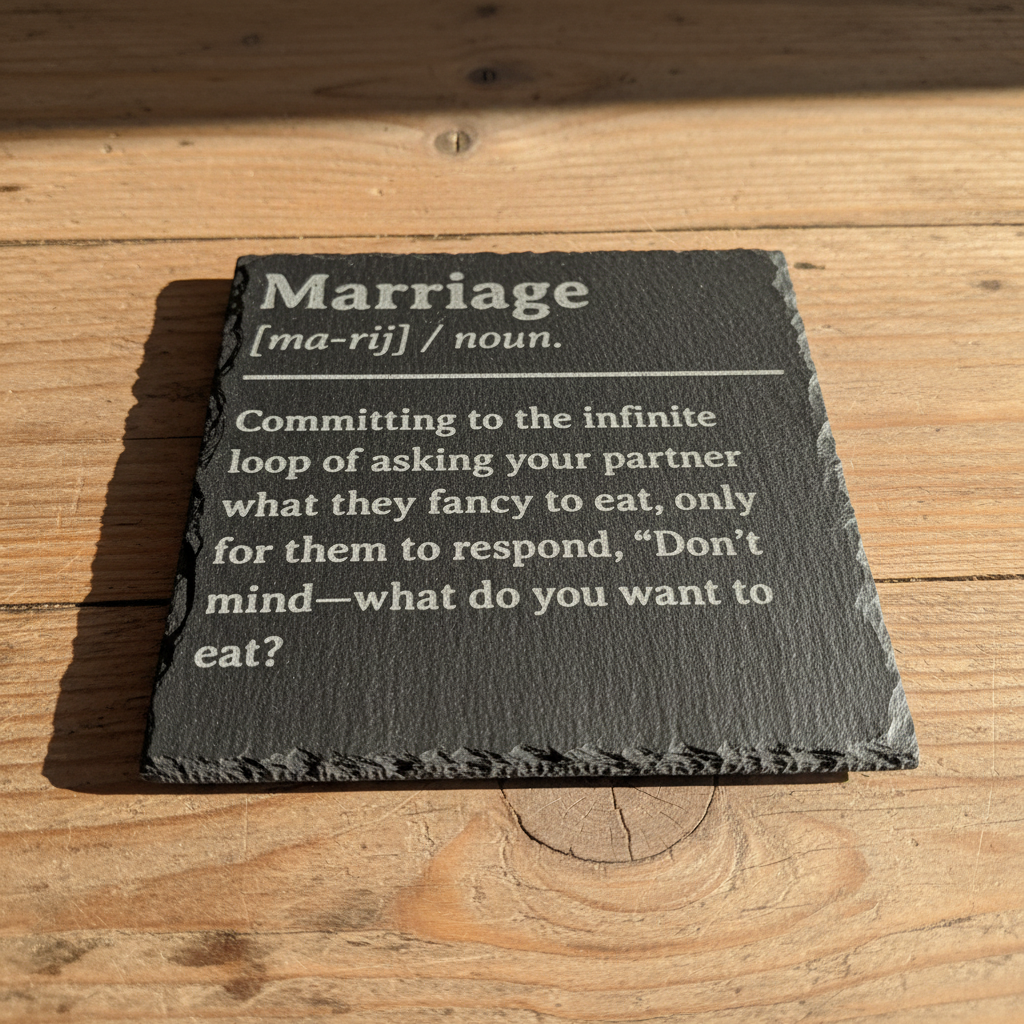 Slate coaster with humorous marriage definition, perfect for wedding gifts or anniversaries