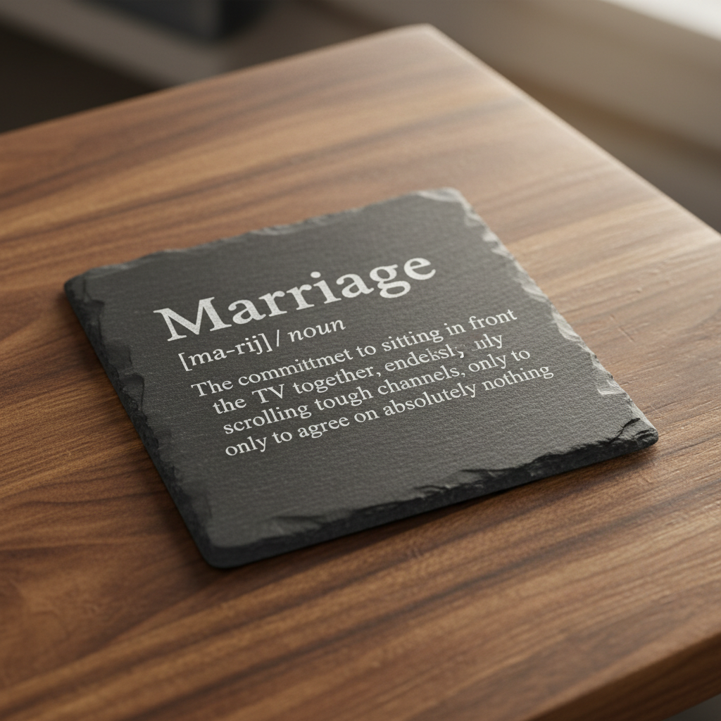 Slate coaster with humorous marriage definition, perfect for wedding gifts or anniversaries