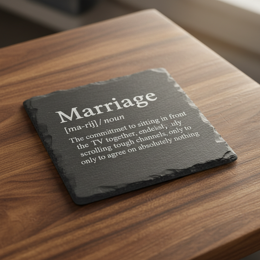 Slate coaster with humorous marriage definition, perfect for wedding gifts or anniversaries