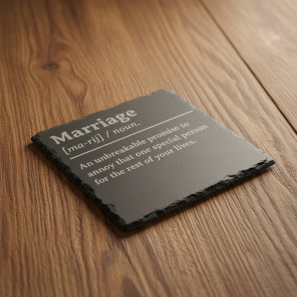 Slate coaster with humorous marriage definition, perfect for wedding gifts
