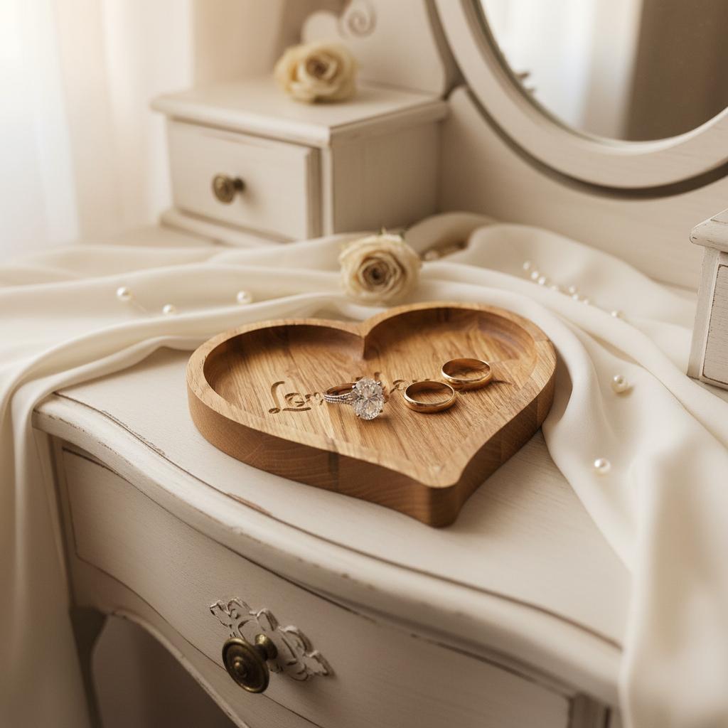 Heart-shaped wooden ring tray with engraved names, holding wedding rings on a vintage vanity