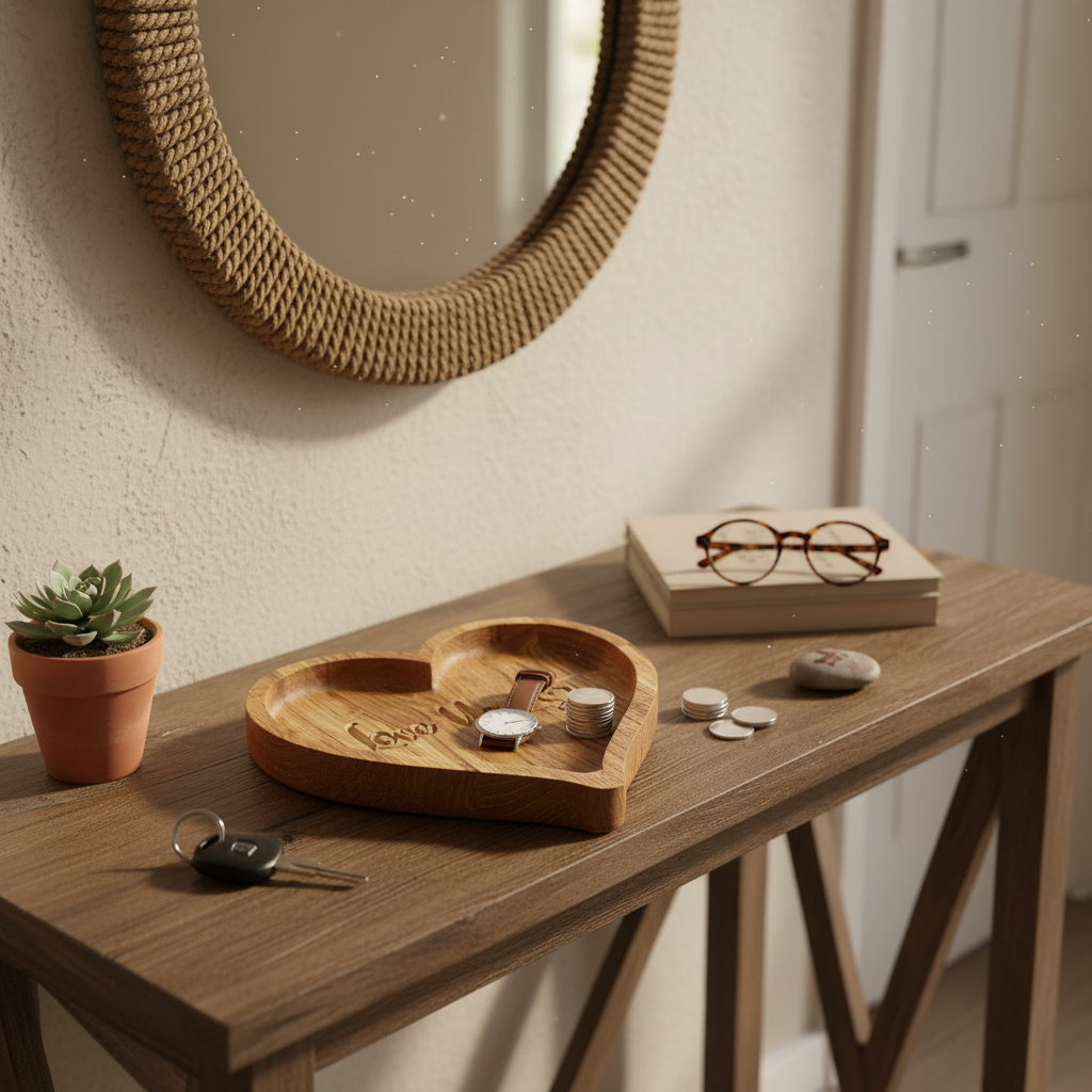 Heart-shaped oak tray holding watch and coins on entryway table, perfect for personalised gifts
