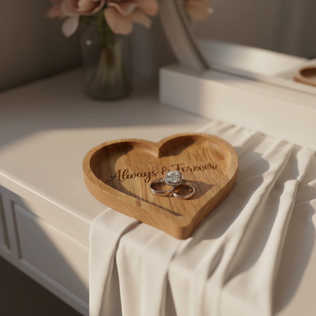 Heart-shaped wooden ring dish with 'Always & Forever' engraving, holding wedding bands on a vanity.