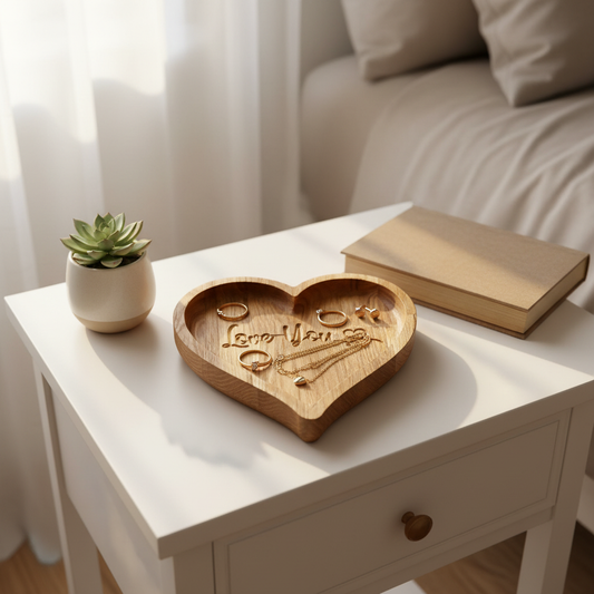 Heart-shaped wooden tray engraved with 'Love You', holding rings and necklace on bedside table