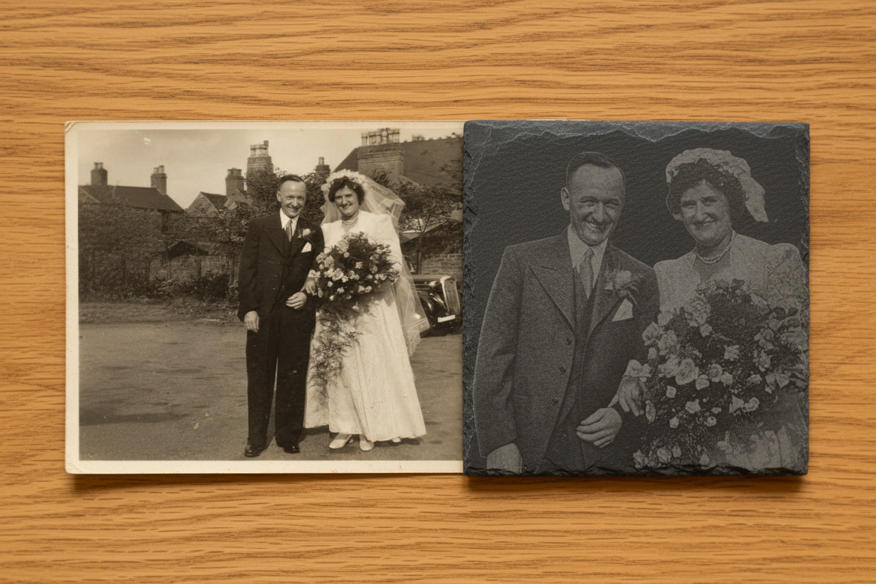 Original photo and engraved slate coaster side by side