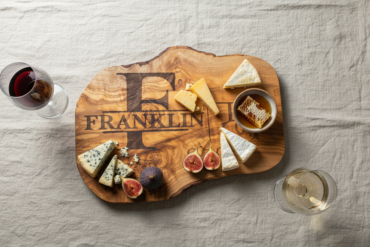 Overhead flat lay of monogram board styled with artisan food