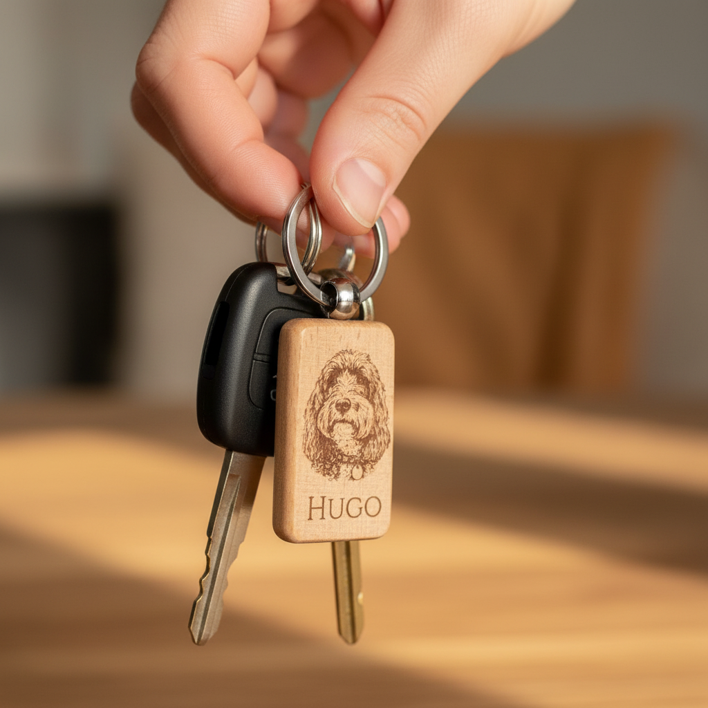 Personalised wooden keyring with engraved dog portrait and name Hugo, held with keys