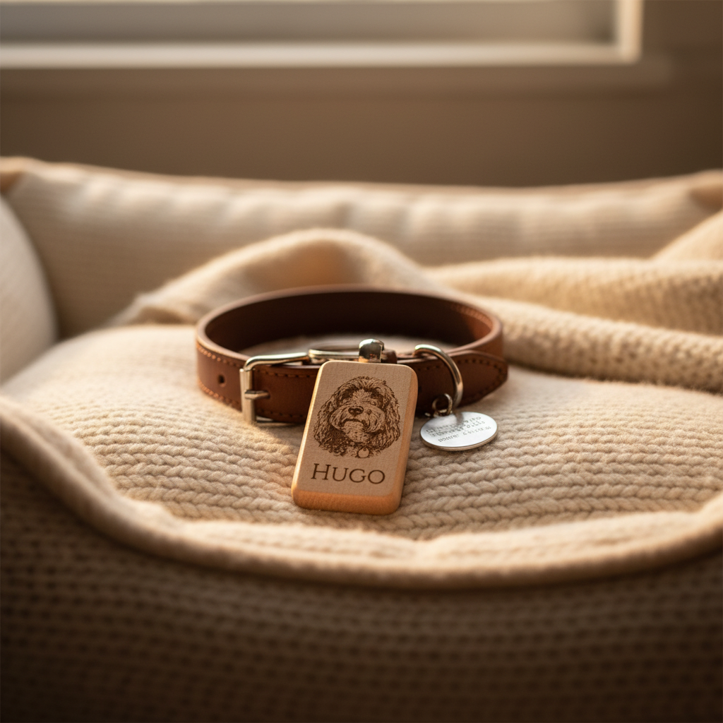 Personalised wooden dog tag with engraved dog portrait and name Hugo on leather collar