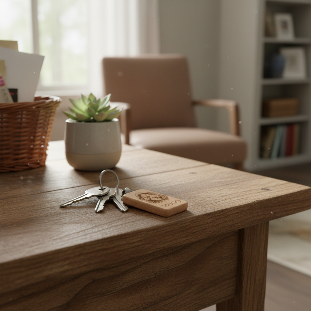 Personalised wooden keyring with engraved name 'Hugo' on rustic table, perfect thoughtful gift