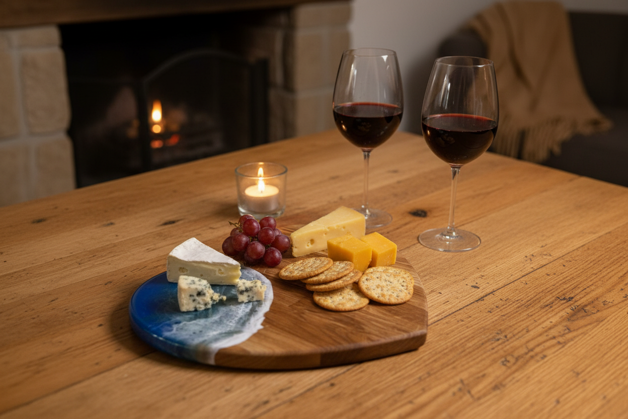 Wooden serving board with resin edge, cheese, crackers, grapes, and wine glasses by a cozy fireplace