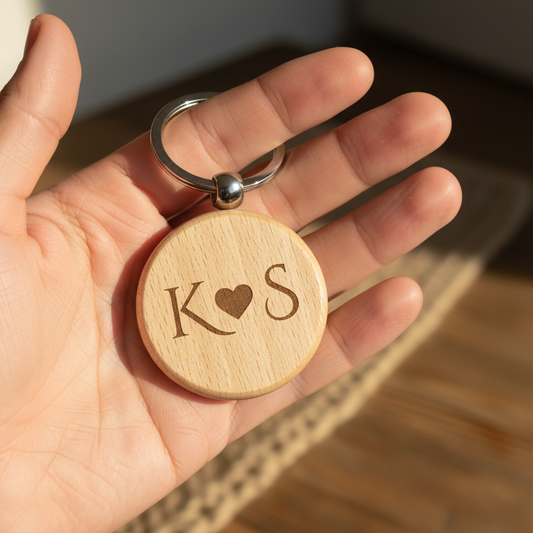 Personalised wooden keyring with engraved initials K and S around a heart, held in hand