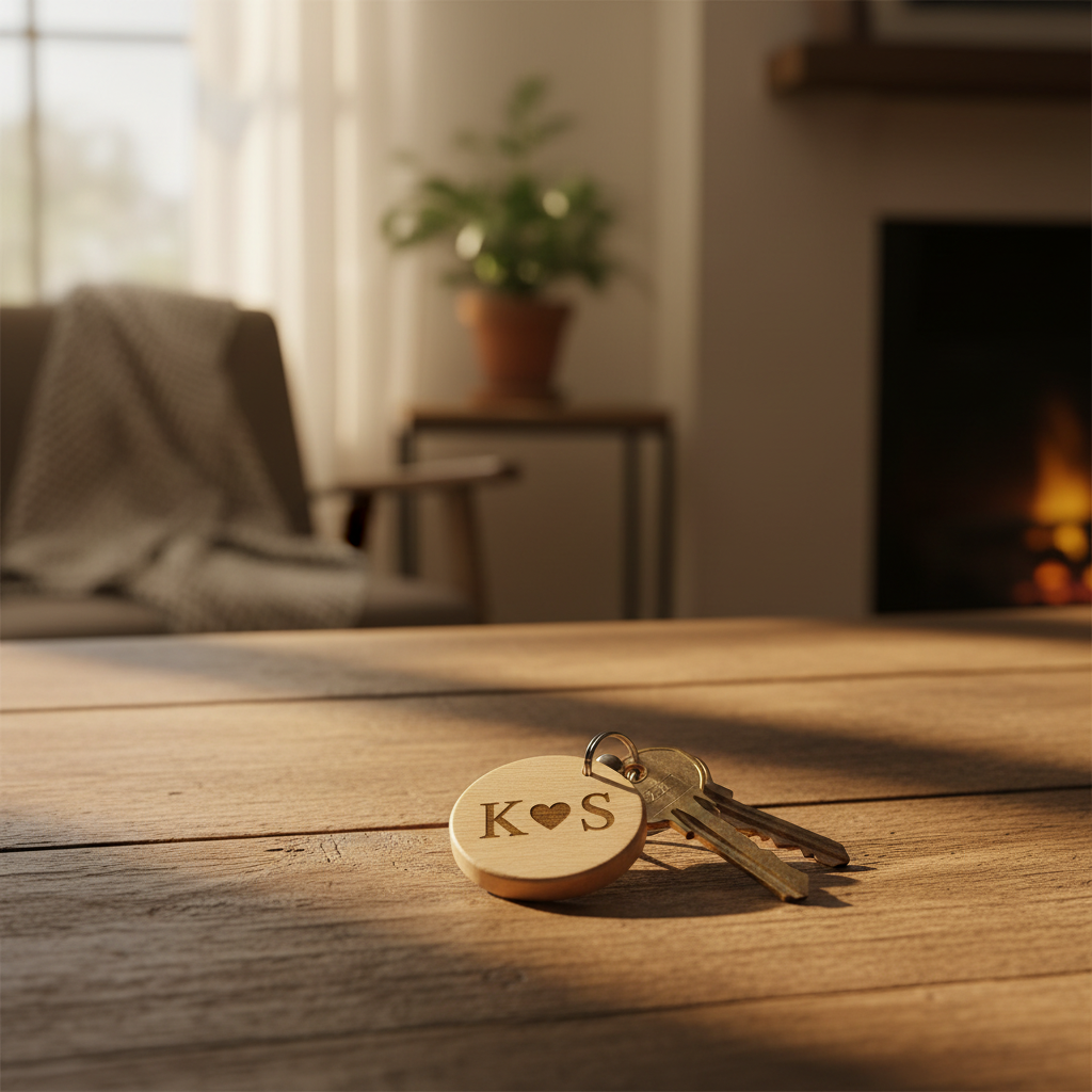 Personalised wooden keyring with initials K & S and heart, resting on rustic table near fireplace