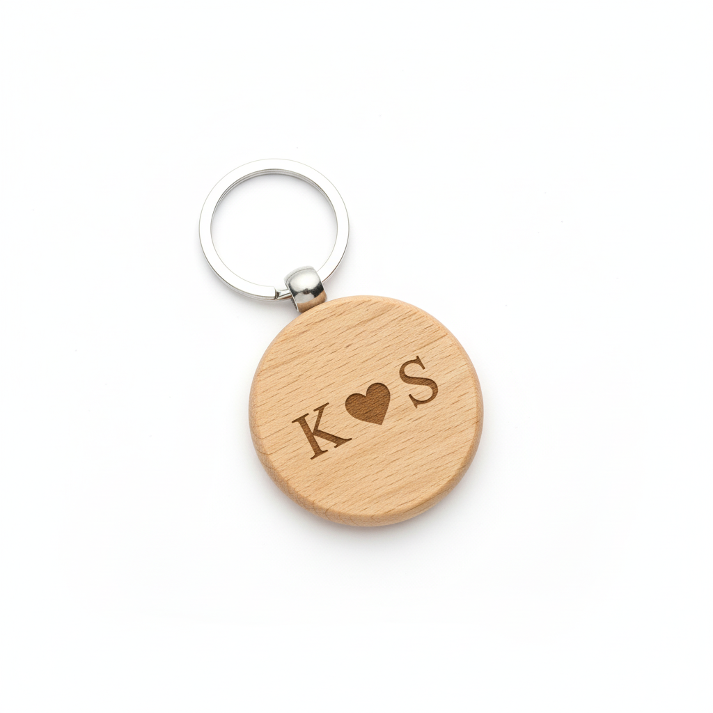 Personalised wooden keyring with engraved initials K and S around a heart, ideal for gifts