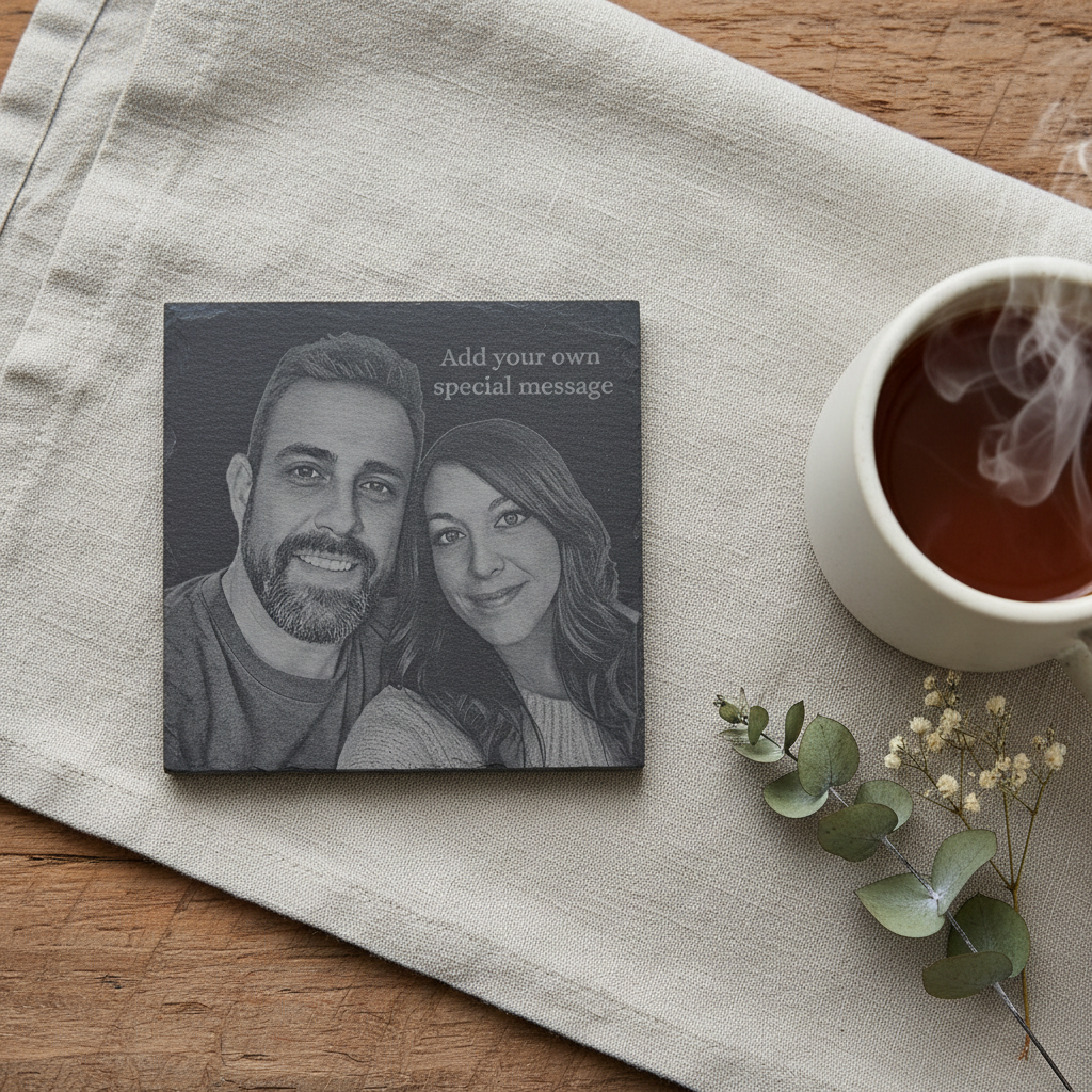 Slate coaster flat lay on linen