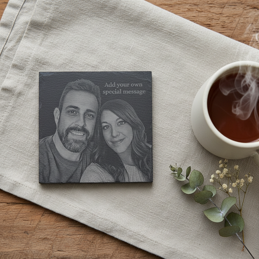 Slate coaster flat lay on linen