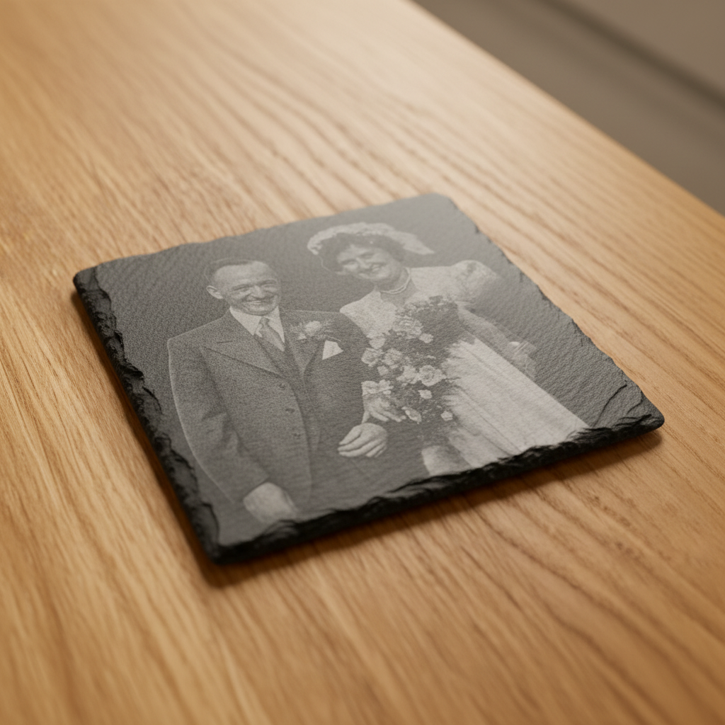 Slate coaster wedding portrait product shot