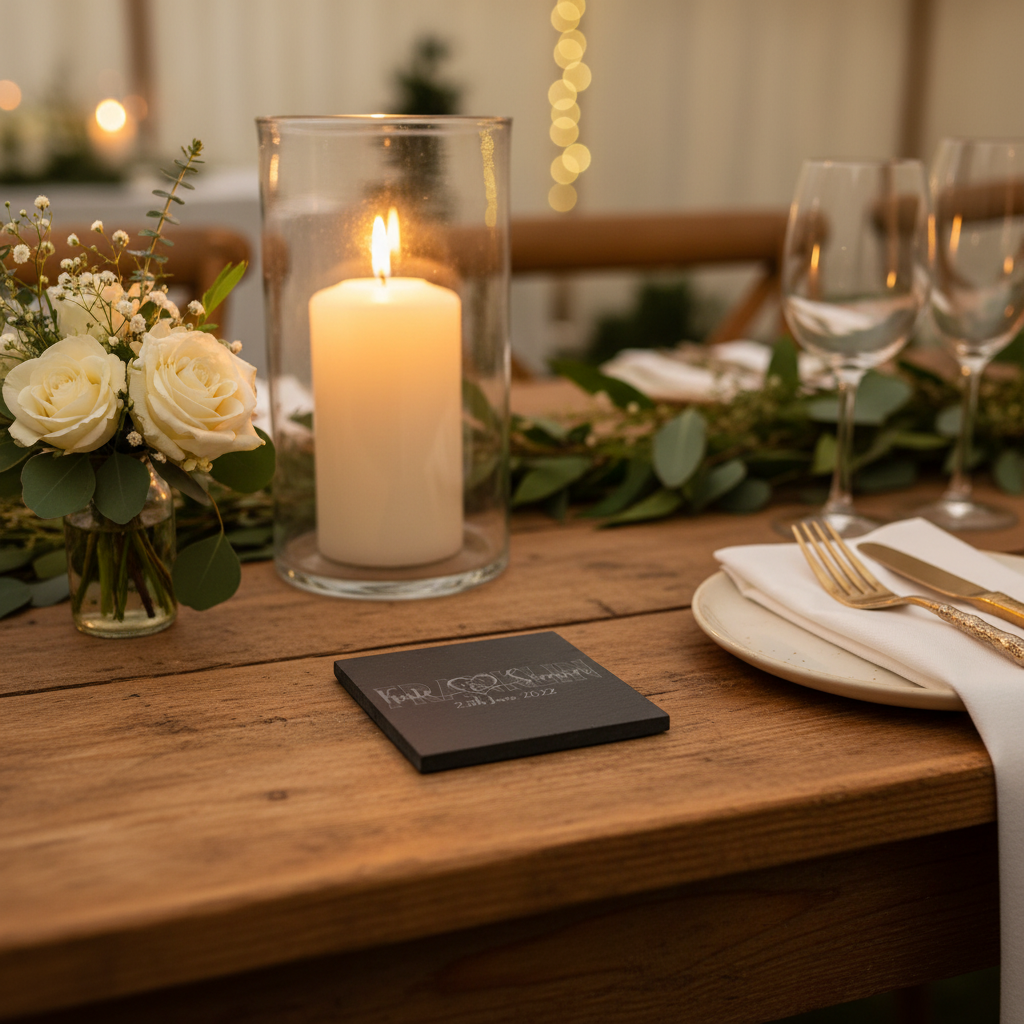 Personalised slate coaster with engraved names and date on rustic wedding table with candle and flowers