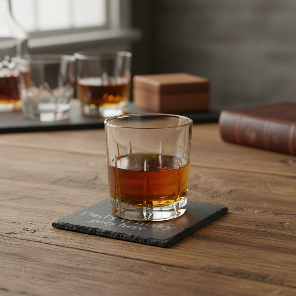 Personalised slate coaster with 'Dad's Whisky goes here' under a glass of whiskey on wood table