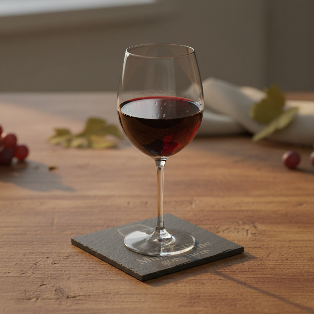 Personalised slate coaster under red wine glass on wooden table, ideal for gifts